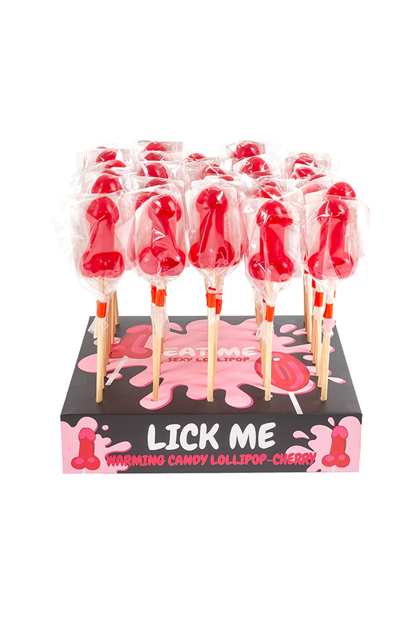 Présentoir de 40 sucettes pénis à la cerise avec effet chauffant épicé