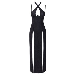 Robe longue à décolleté plongeant noire argentée - Cottelli PARTY 